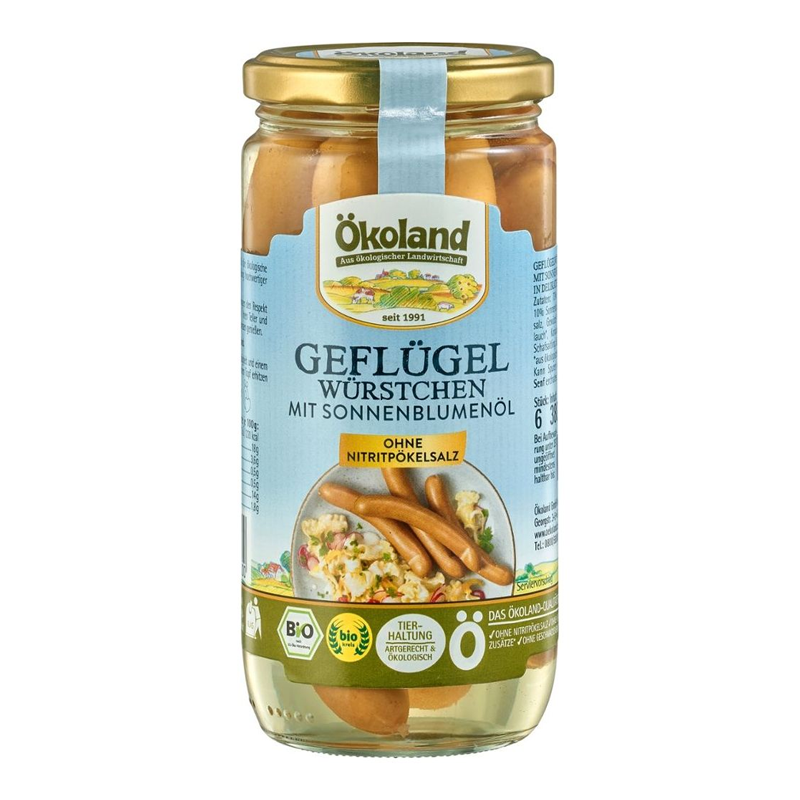 Hydinové párky v slnečnicovom oleji sklo bio 380g Ökoland