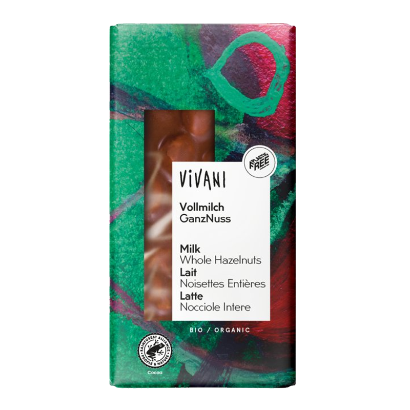 Mliečna čokoláda s celými lieskovými orieškami bio 100g Vivani