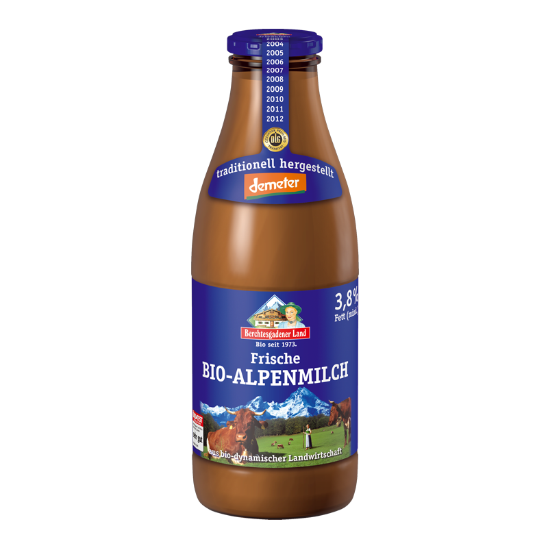 Čerstvé alpské mlieko plnotučné 3,8% tuku sklo demeter bio 1l Berchtesgadener Land