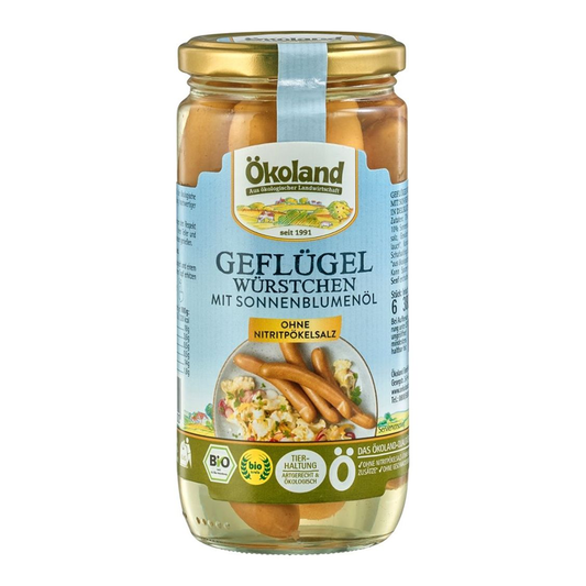 Hydinové párky v slnečnicovom oleji sklo bio 380g Ökoland